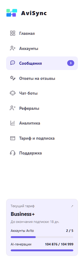 AviSync: Главное, Аккаунты, Сообщения, Ответы на отзывы, Чат-боты, Рефералы, Аналитика, Тариф и подписка, Поддержка
